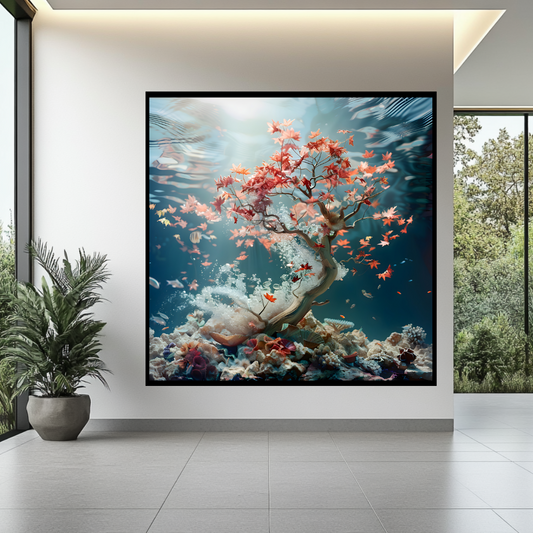 Abstract coral and maple canvas art print in vibrant colors, 100x100cm by My Store, perfect for contemporary bedroom decor.