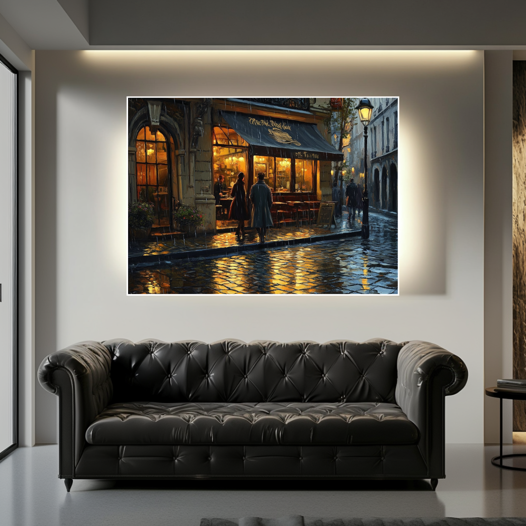 Urban bar scene canvas print featuring atmospheric lighting, 130x93cm, by My Store.