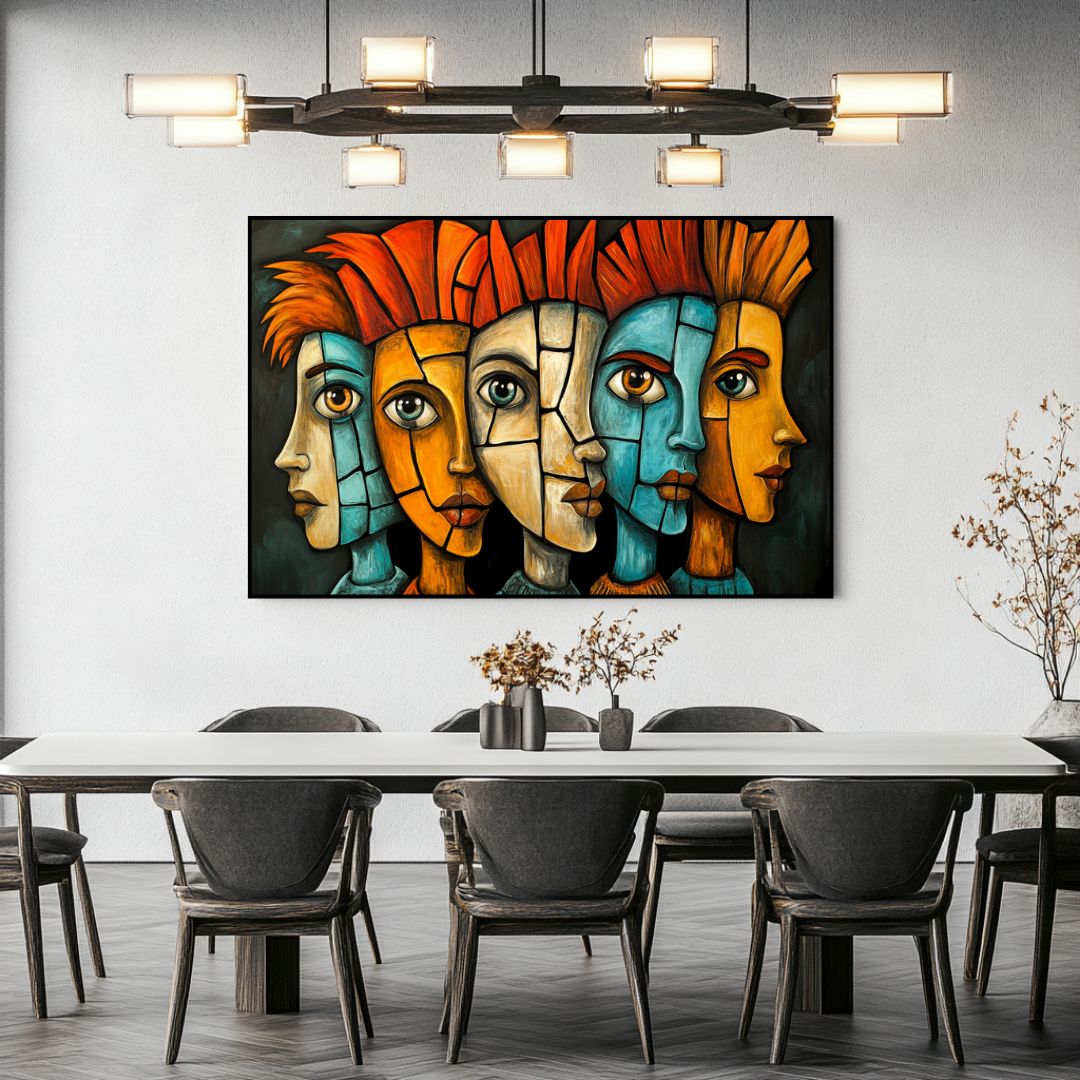 Colorful abstract portrait canvas art print by My Store, 130x93cm, featuring bold shapes and vibrant hues.