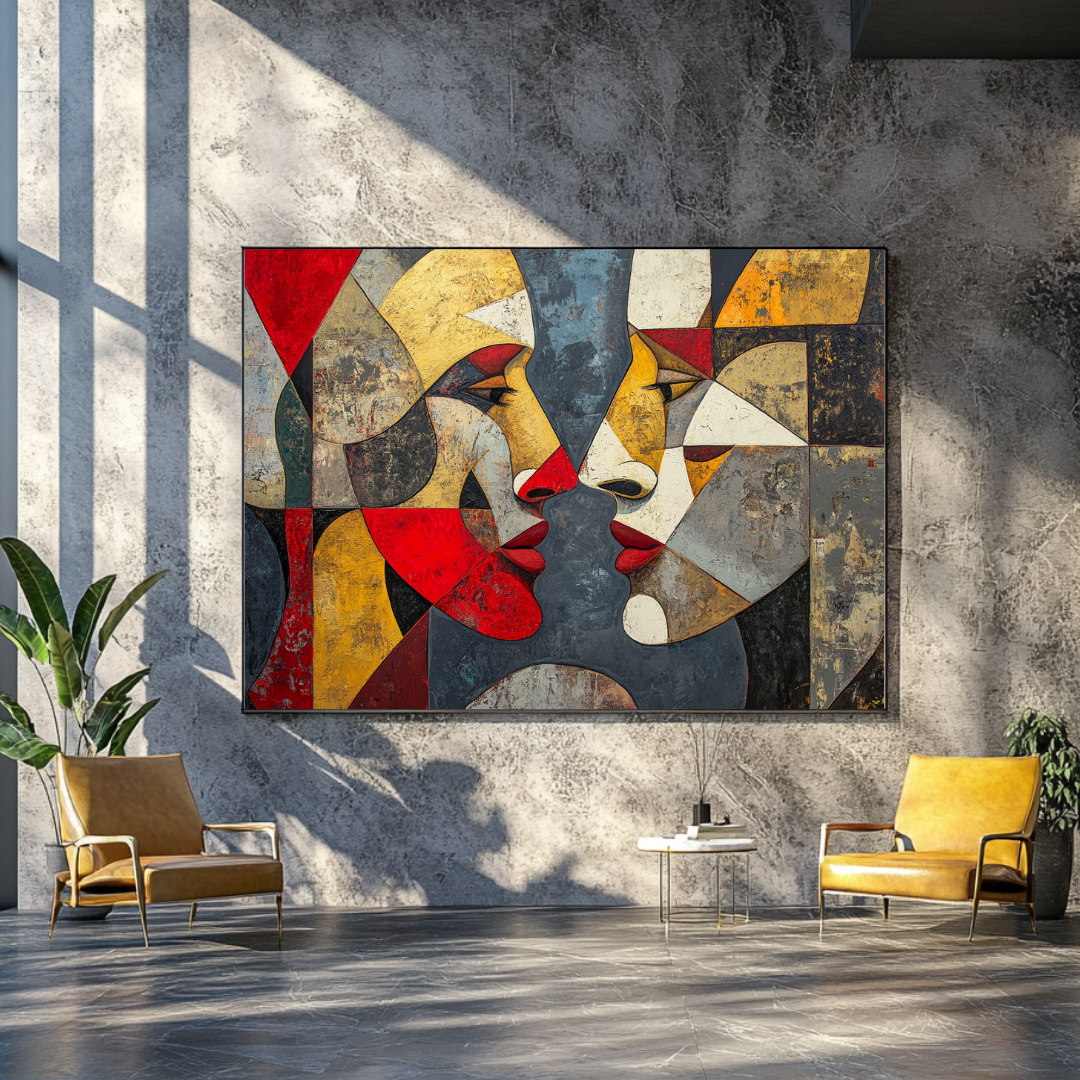 Abstract geometric canvas art in vibrant colors, 100x130cm, by My Store, featuring alien figures and harmonious reflections.