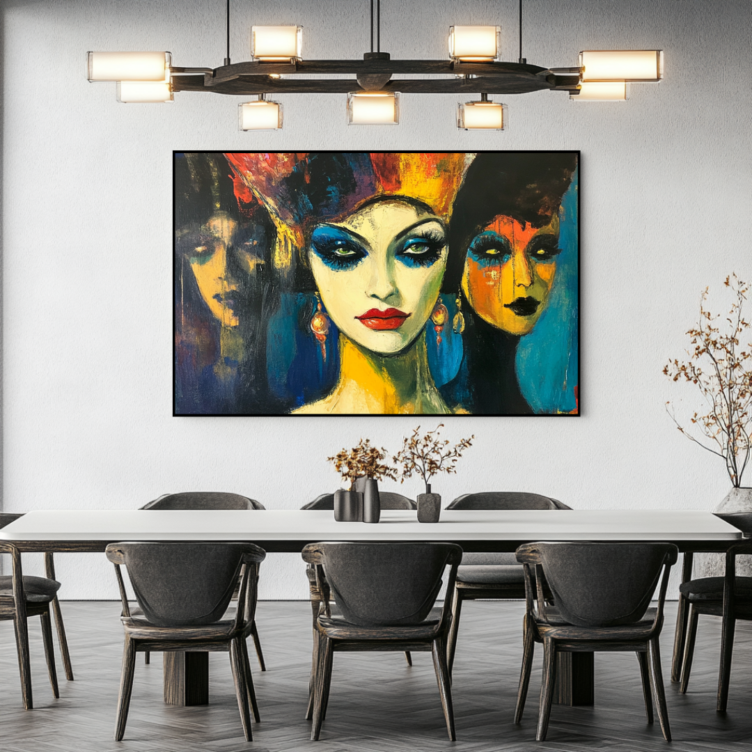 Colorful abstract art print on canvas featuring dynamic figures, 130x93cm by My Store
