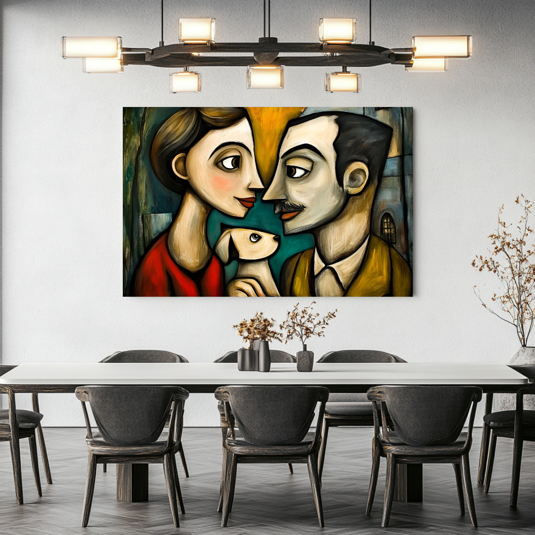 Abstract cubist couple with dog print in amber tones, 100x130cm canvas art by My Store