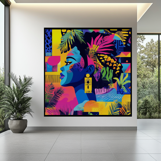 Colorful Afro portrait canvas print, 120x120cm, vibrant tropical art for bedroom decor by My Store