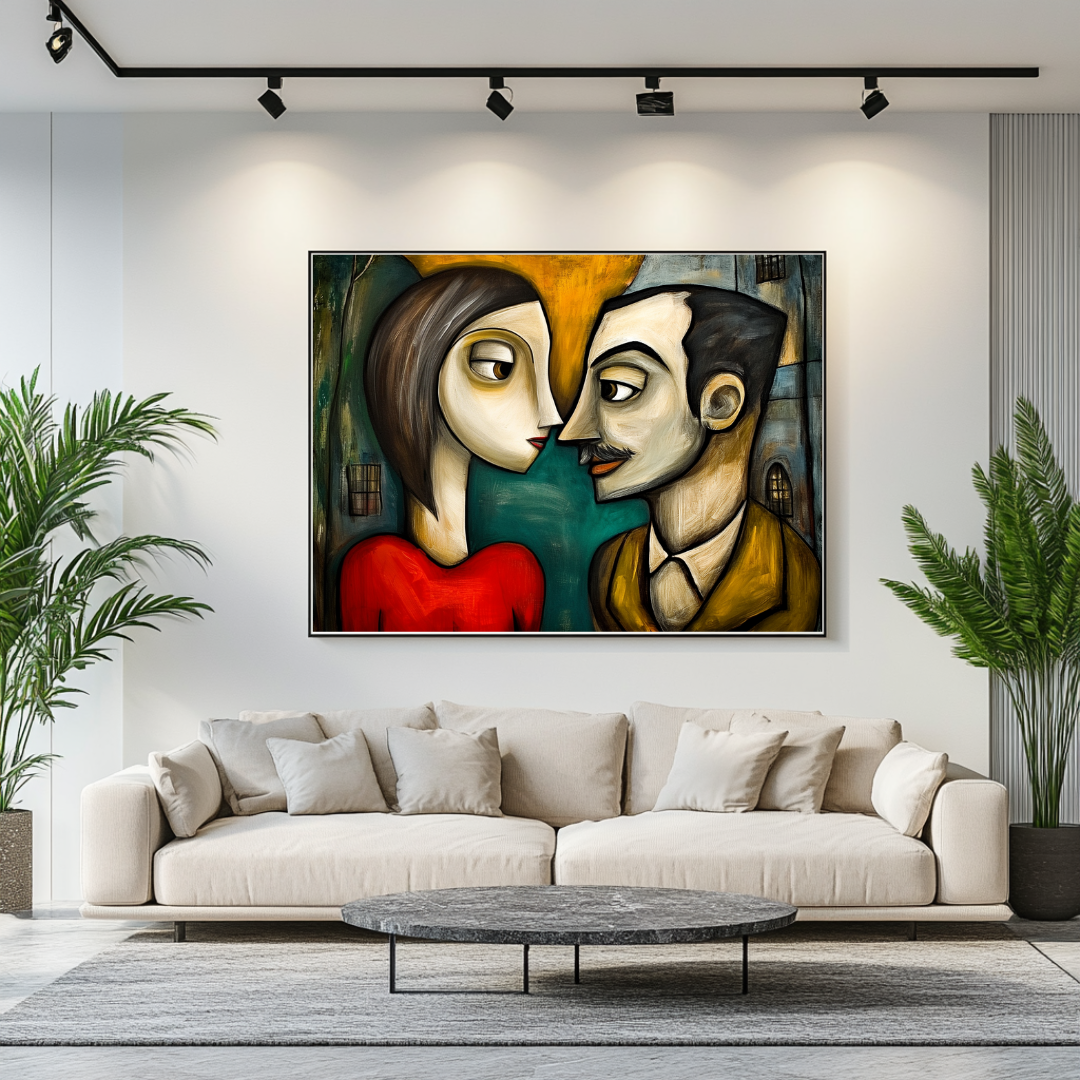 Modern abstract canvas print featuring romantic figures in soft colors, 130x93cm by My Store