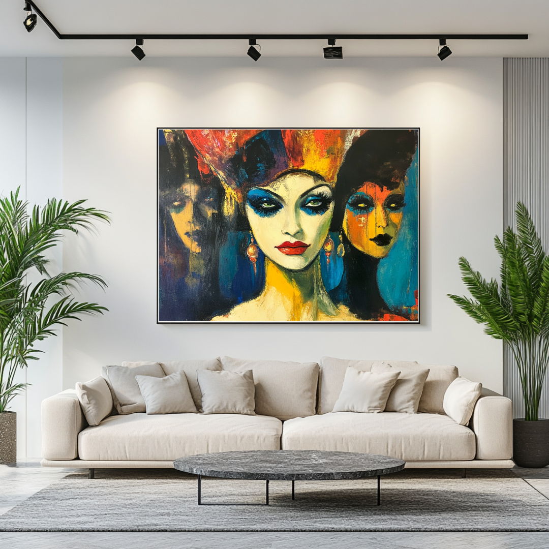 Colorful abstract art print on canvas featuring dynamic figures, 130x93cm by My Store