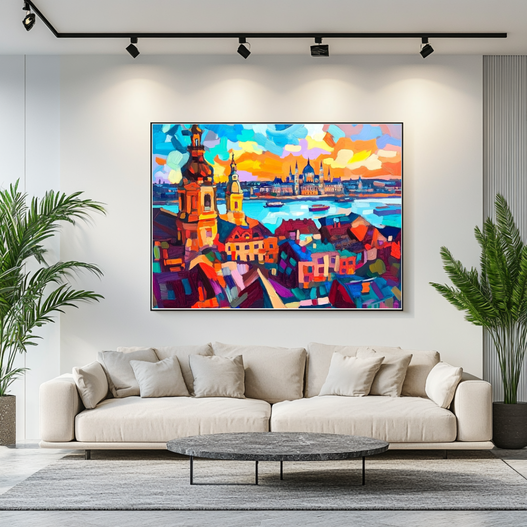Abstract landscape canvas print of Budapest in vibrant colors, 130x93cm by My Store