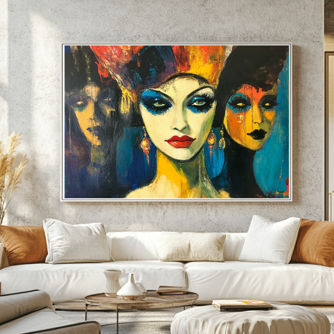 Colorful abstract art print on canvas featuring dynamic figures, 130x93cm by My Store