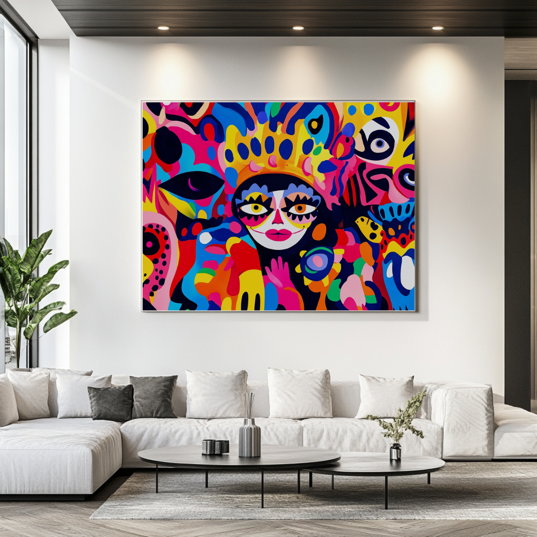 Bold abstract figure in vibrant colors with a carnival mask, canvas wall art by My Store.