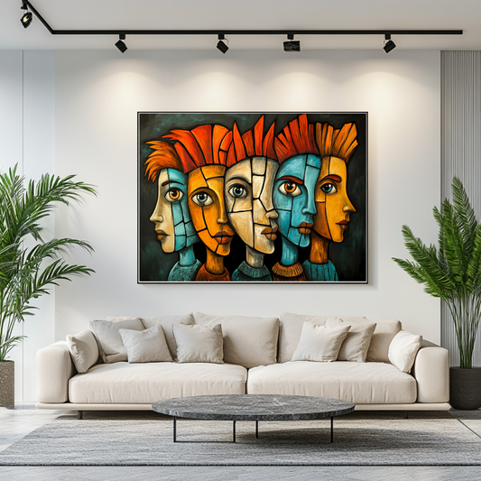 Colorful abstract portrait canvas art print by My Store, 130x93cm, featuring bold shapes and vibrant colors.