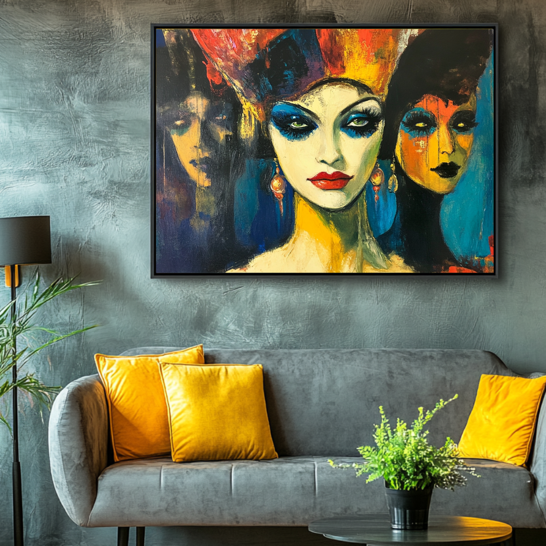 Colorful abstract art print on canvas featuring dynamic figures, 130x93cm, by My Store.
