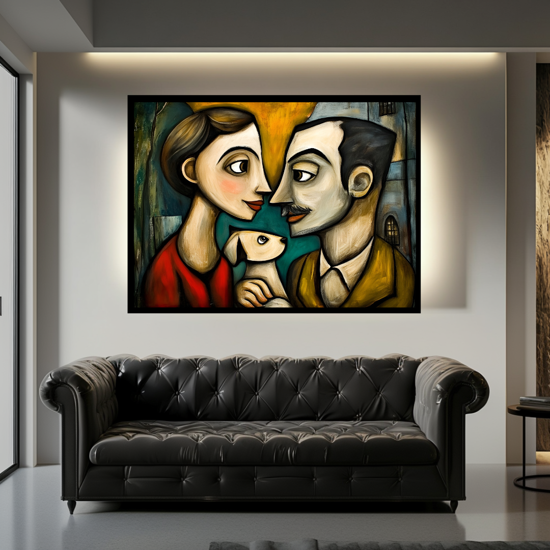Abstract cubist couple with dog canvas art print in amber tones, 100x130cm by My Store