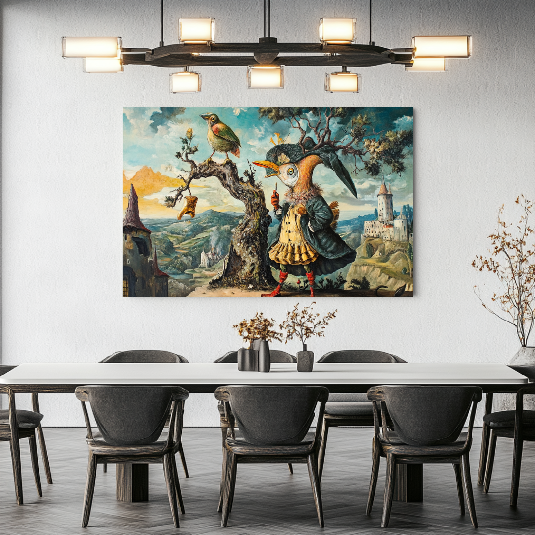 Surreal bird canvas art print inspired by Bosch, featuring abstract figures and landscapes, 100x130cm, by My Store.
