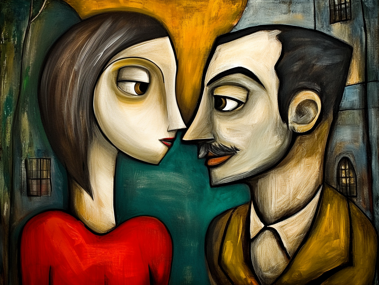 Modern abstract canvas print featuring romantic figures in soft colors, 130x93cm by My Store