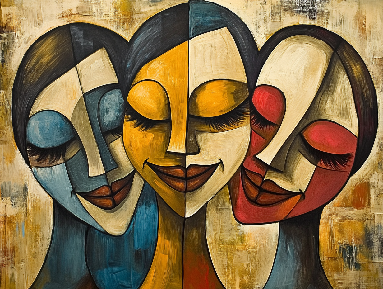 Sister Hug Canvas Art - Abstract Female Figures Digital Print