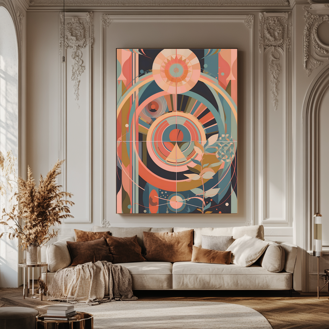 Floral geometric canvas art print in vibrant colors, 100x150cm, by My Store, featuring cosmic botanical designs.