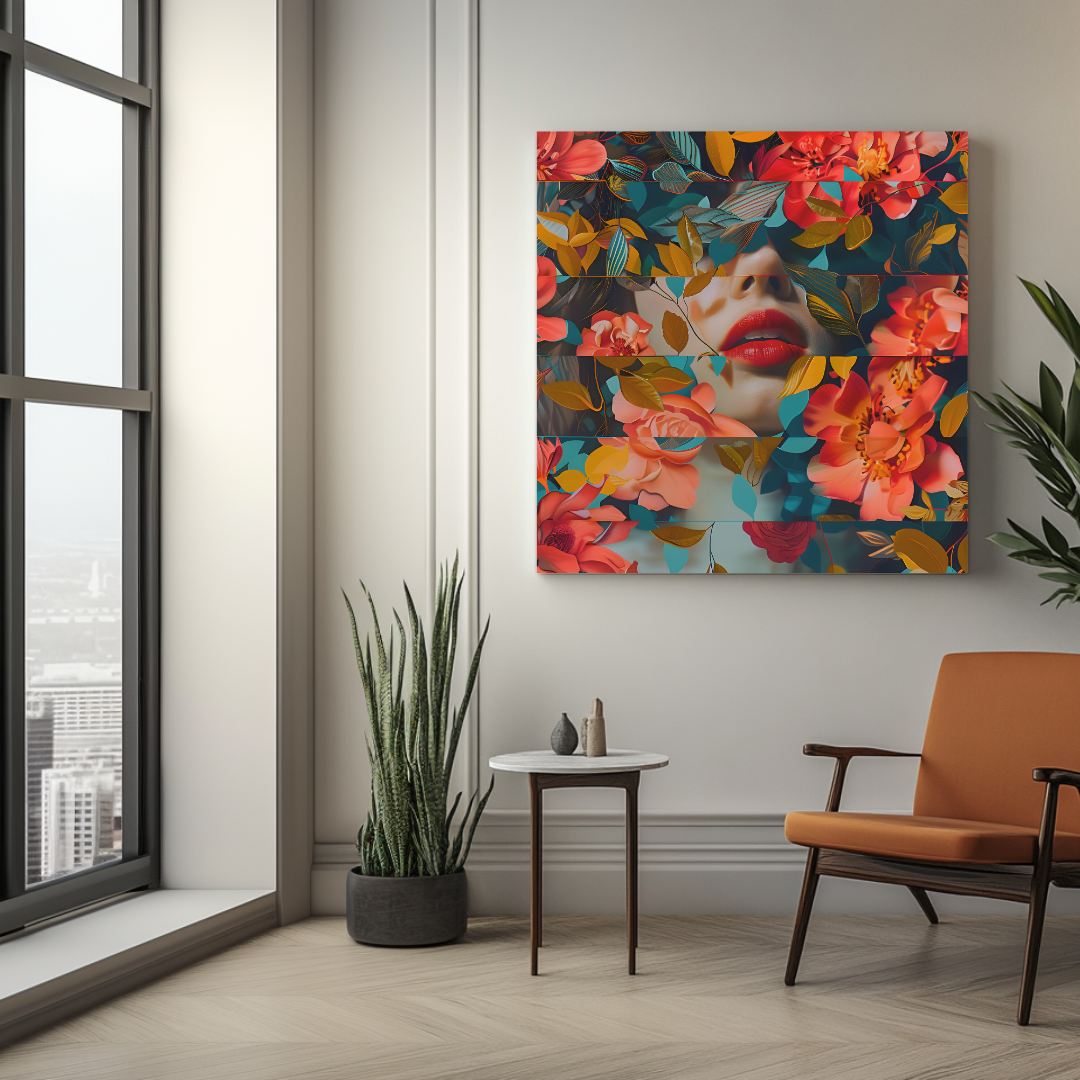 Limited edition floral veil canvas wall art print in vibrant colors, 100x100cm by My Store for contemporary decor.