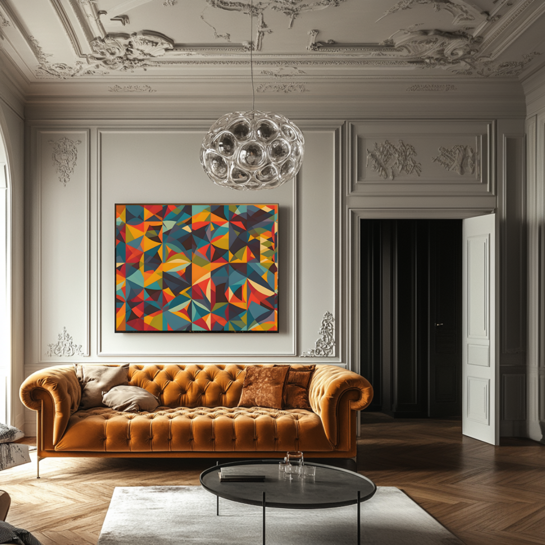 Colorful abstract art print on canvas, 150x112cm, by My Store, featuring a kaleidoscope design.