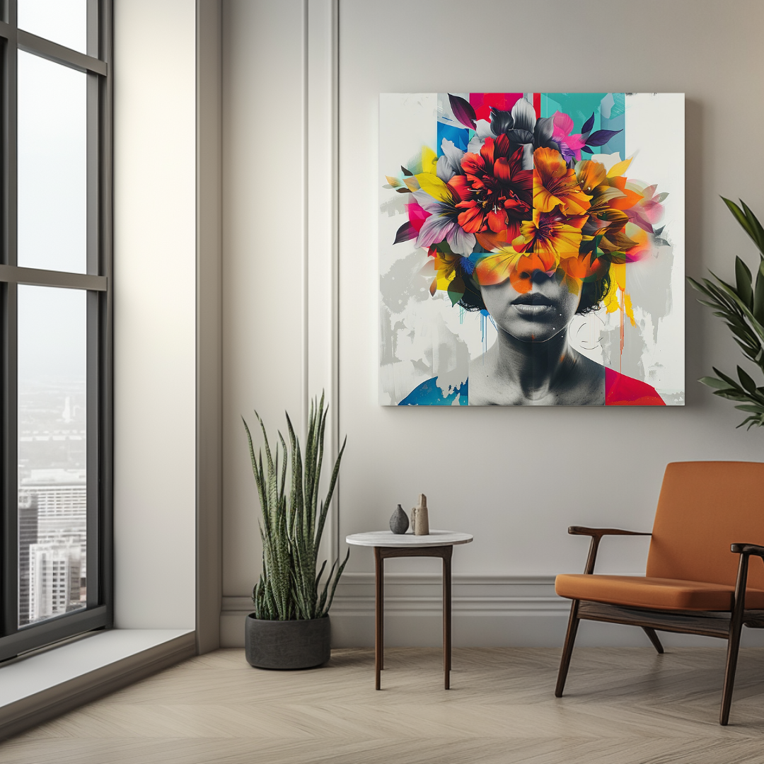 Abstract botanical canvas wall art in vibrant colors, 100x100cm, by My Store, perfect for bedroom decor.