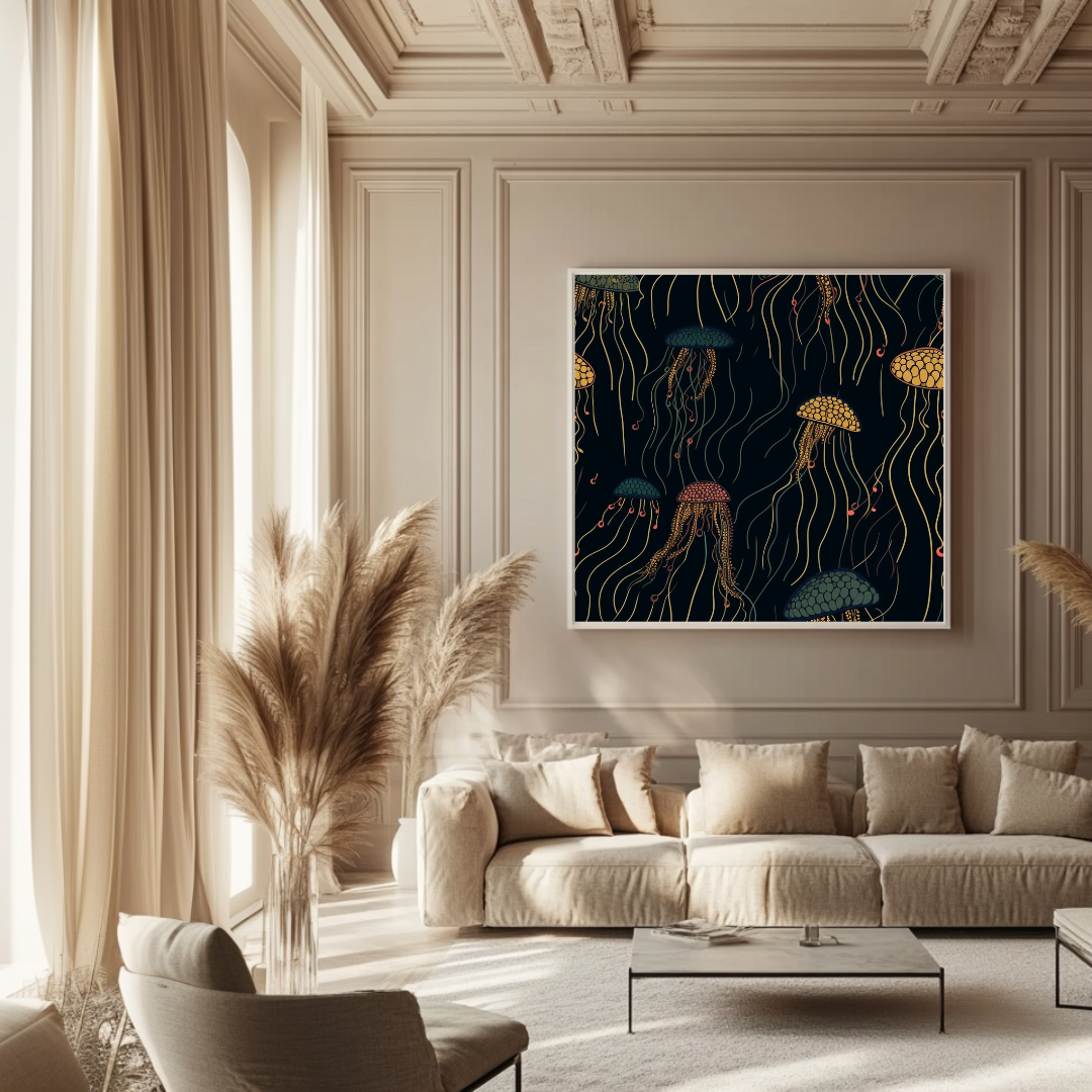 Blue-toned jellyfish canvas print, 120x120cm, contemporary wall art by My Store for bedroom decor.