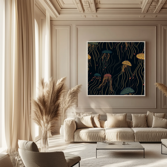 Blue-toned jellyfish canvas print, 120x120cm, contemporary wall art by My Store for bedroom decor.