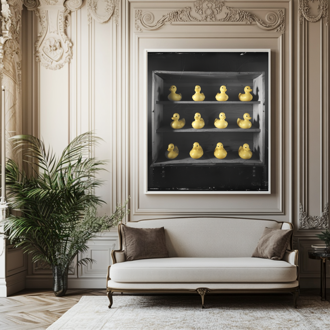 Contemporary canvas art print featuring yellow rubber ducks on a black shelf, 120x120cm by My Store.