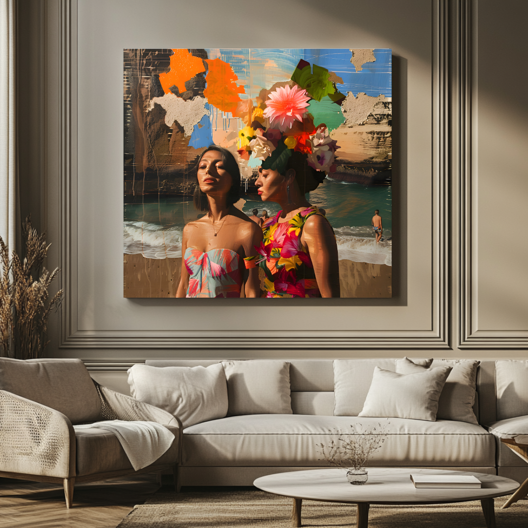 Large 120x120cm canvas wall art featuring a vibrant coastal scene, by My Store, in contemporary figurative style.