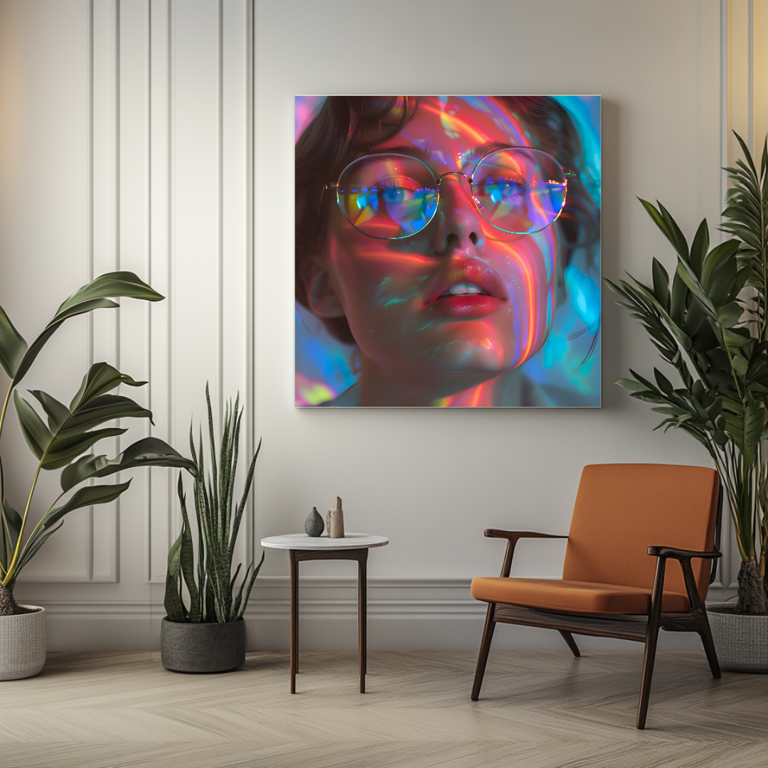 Large contemporary portrait print in vibrant neon colors, 120x120cm canvas art by My Store for stylish bedroom decor