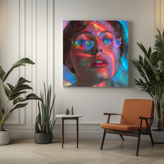 Large contemporary portrait print in vibrant neon colors, 120x120cm canvas art by My Store for stylish bedroom decor