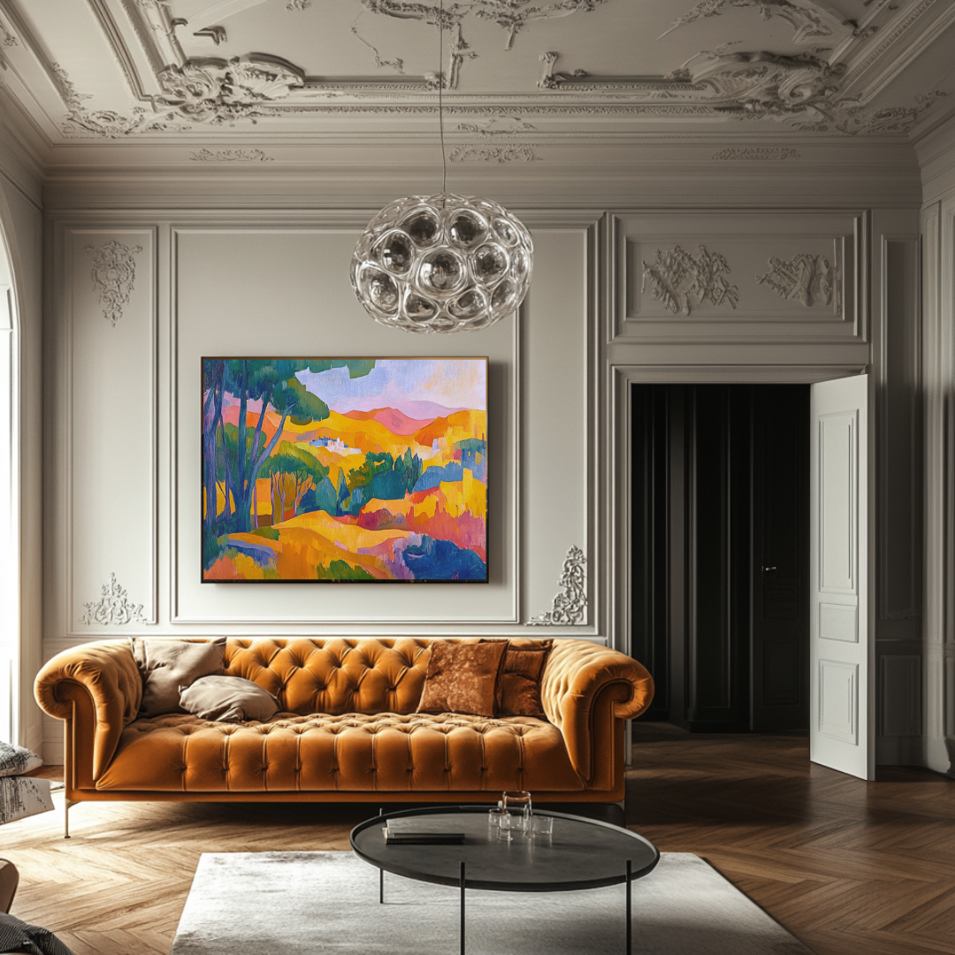 Hills of Harmony abstract landscape canvas art print in vibrant colors, 120x90cm, by My Store for bedroom wall decor.