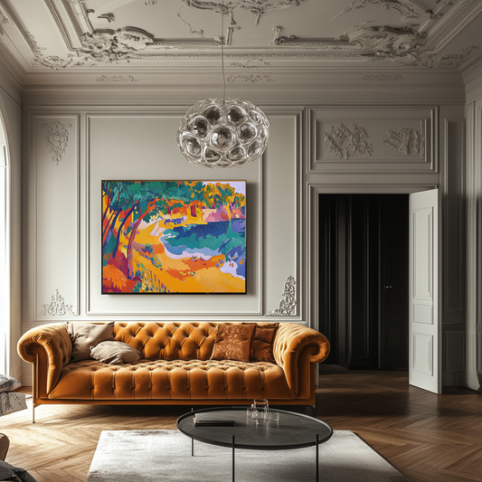 Colorful digital art print 'Sunlit Grove' by My Store, 120 cm x 90 cm, featuring vibrant nature scene.