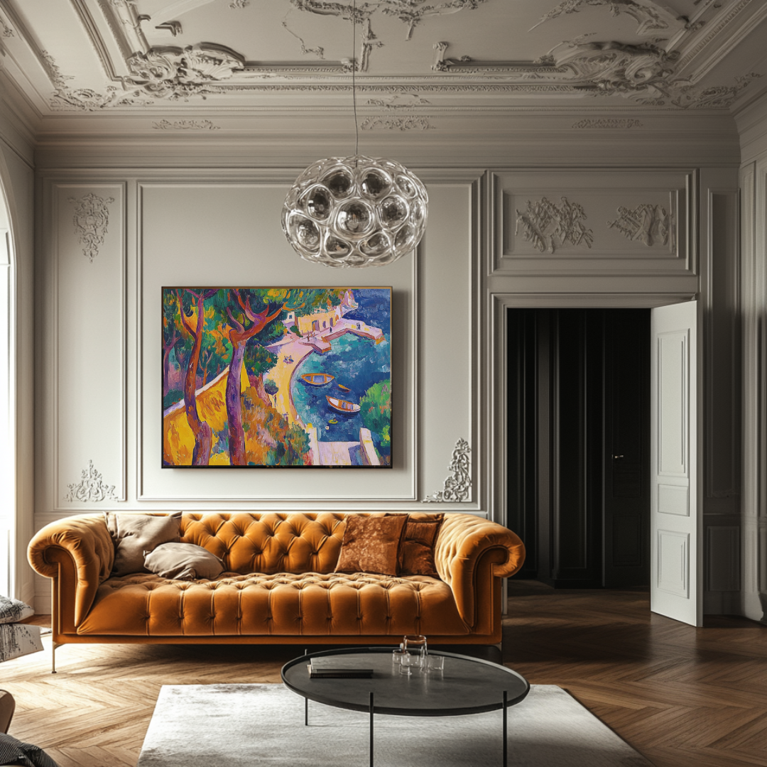Coastal canvas art print featuring a serene blue harbor scene with boats, 120x90cm by My Store.
