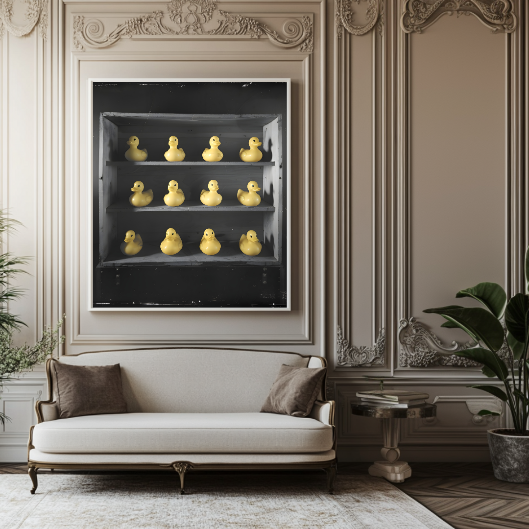 Contemporary canvas art print featuring yellow rubber ducks on black shelves, 120x120cm by My Store.