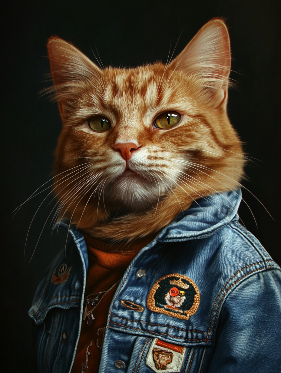 Aviator ginger cat canvas print, digital art giclée, 90x120cm, featuring anthropomorphic animal portrait in vibrant colors.