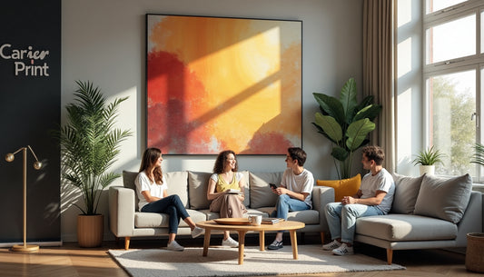 Friends in modern living room beneath large vibrant canvas print