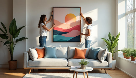 Couple hanging canvas print in modern sunlit living room
