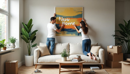 Couple hangs abstract art in bright modern living room