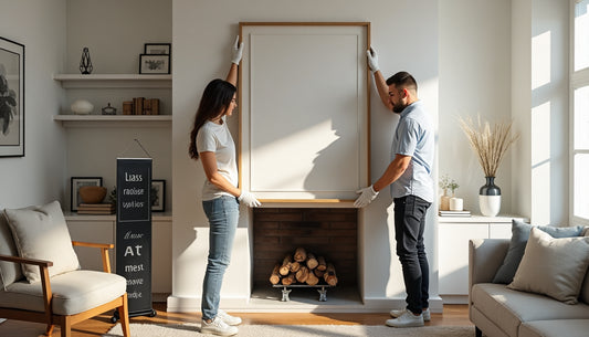 People hanging art in sunlit living room reading 'Art Storage'