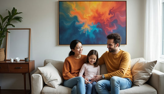 Family admiring canvas art in sunlit living room