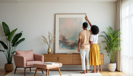 Couple hangs vibrant art in modern sunlit living room