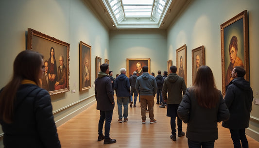 Art gallery with visitors viewing portrait paintings and Art History banner