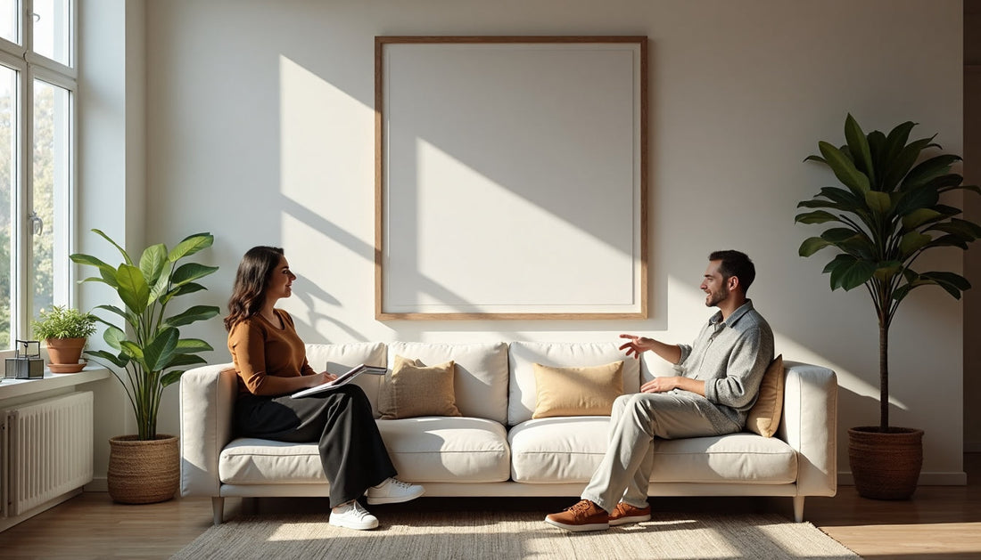 Two adults compare modern wall art in sunlit living room