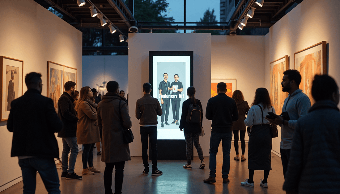 Diverse visitors in urban art gallery with modern display signage