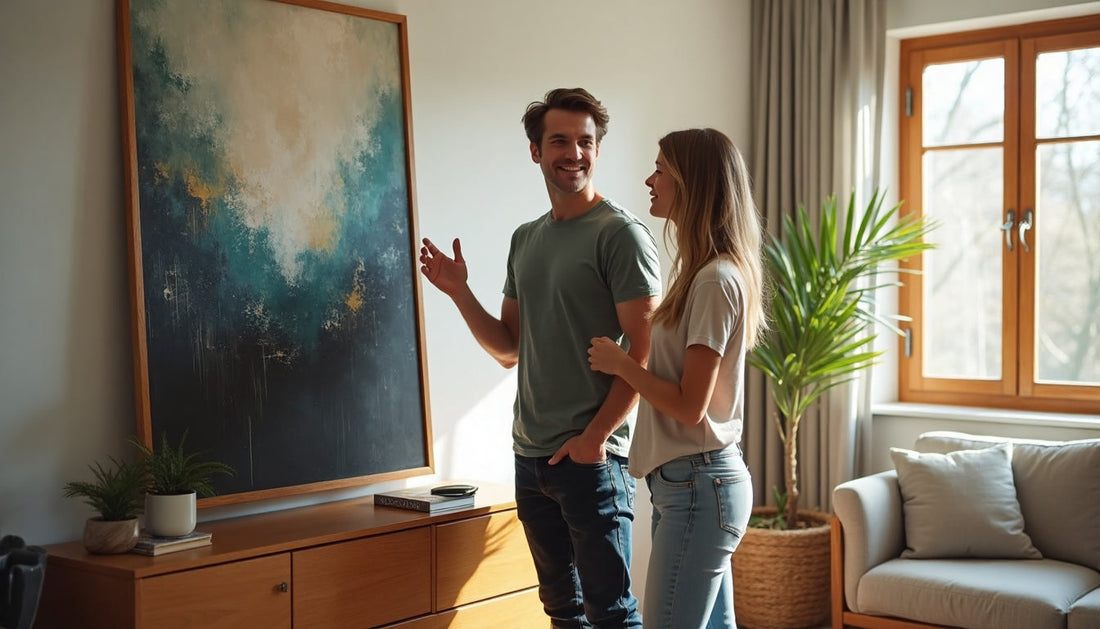 Couple admiring canvas art in cozy living room
