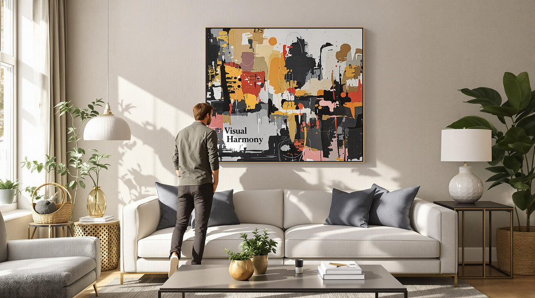 Couple selects proportionally placed art for living room, showing visual harmony