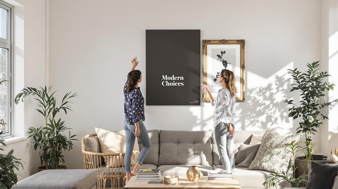 Two people comparing canvas and framed prints in a modern living room