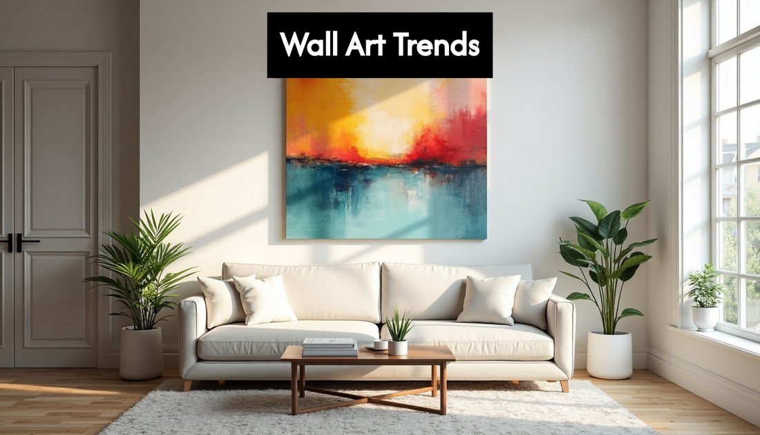 Modern living room with large wall art and natural light