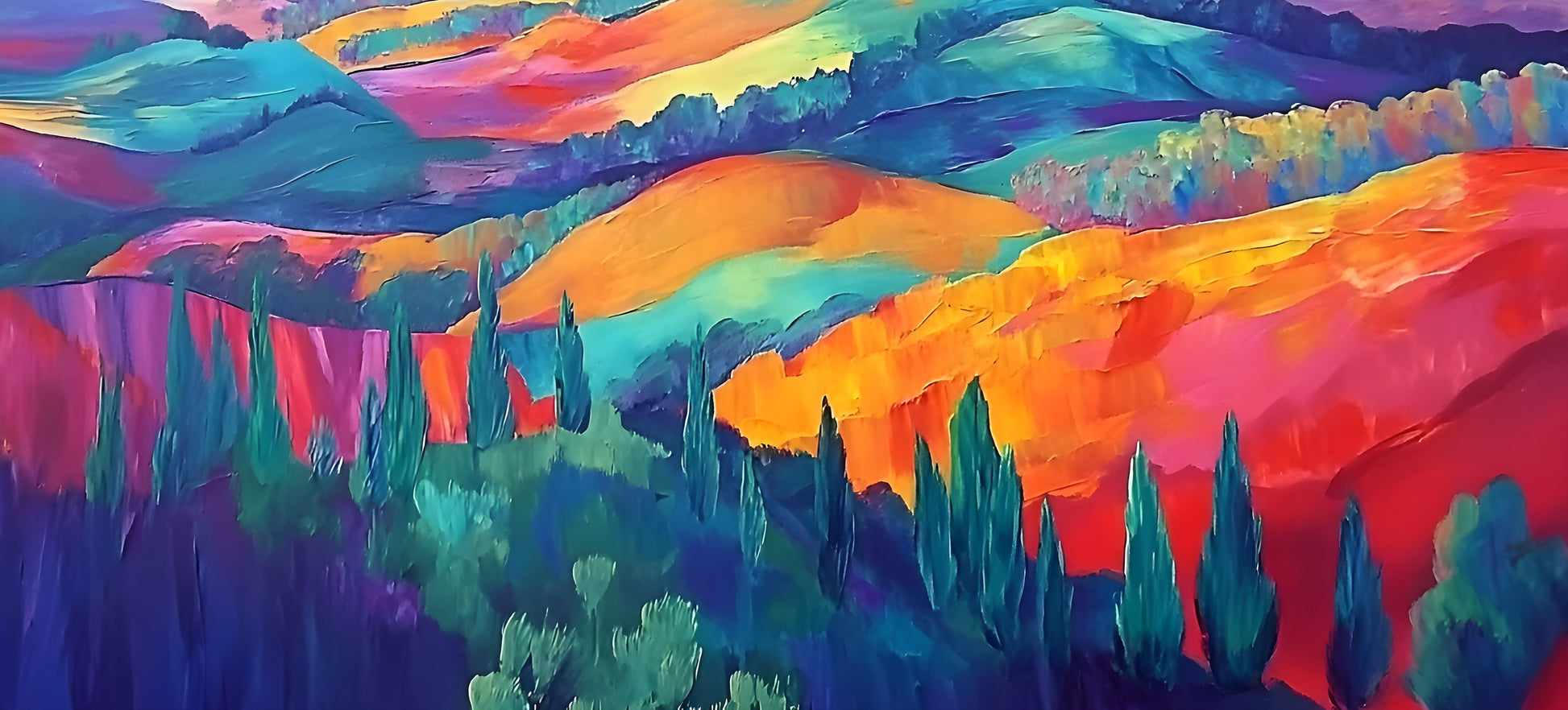 Colorful abstract landscape canvas art featuring vibrant hills and trees, 120x90cm by My Store.