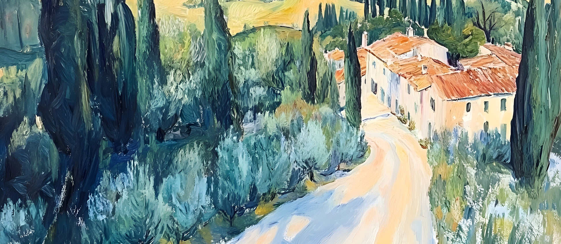 Tuscan Pathway print, 120 cm x 90 cm, featuring vibrant colors and scenic landscape, by My Store.