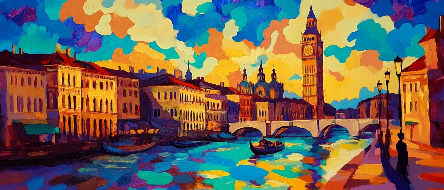 Ultrawide golden Thames city skyline canvas print by My Store, 150x64cm, contemporary wall art for bedroom decor.
