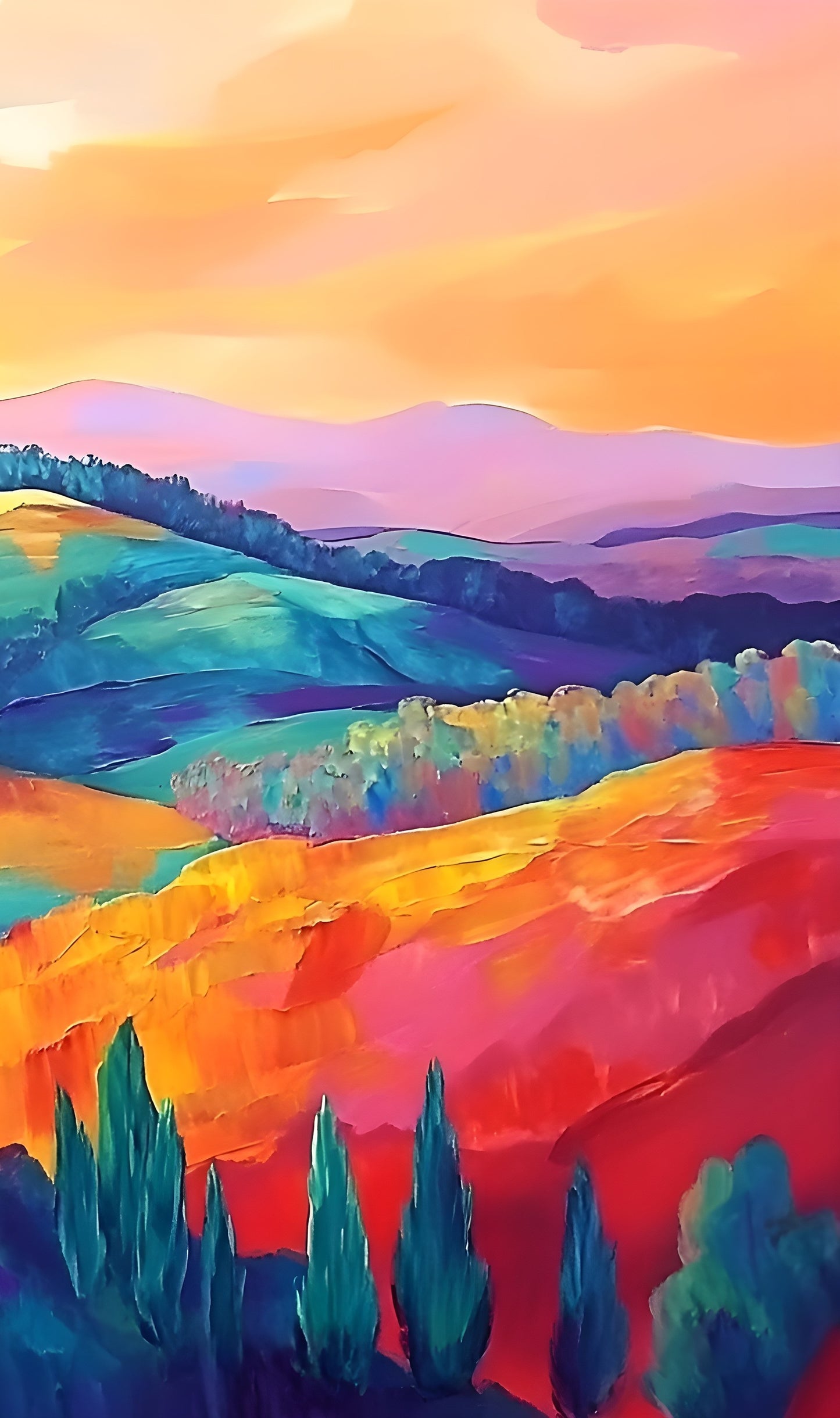Vibrant landscape canvas art featuring rolling hills and a colorful sunset, 120x90cm by My Store.